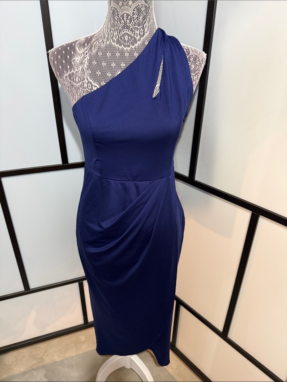 Elegant One-Shoulder Royal Blue Midi Dress